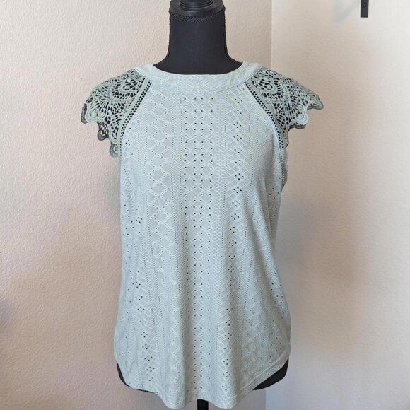 SHEIN Frenchy Contrast Lace‎ Tie Back Raglan Sleeve Light Green Blouse - Picture 1 of 7